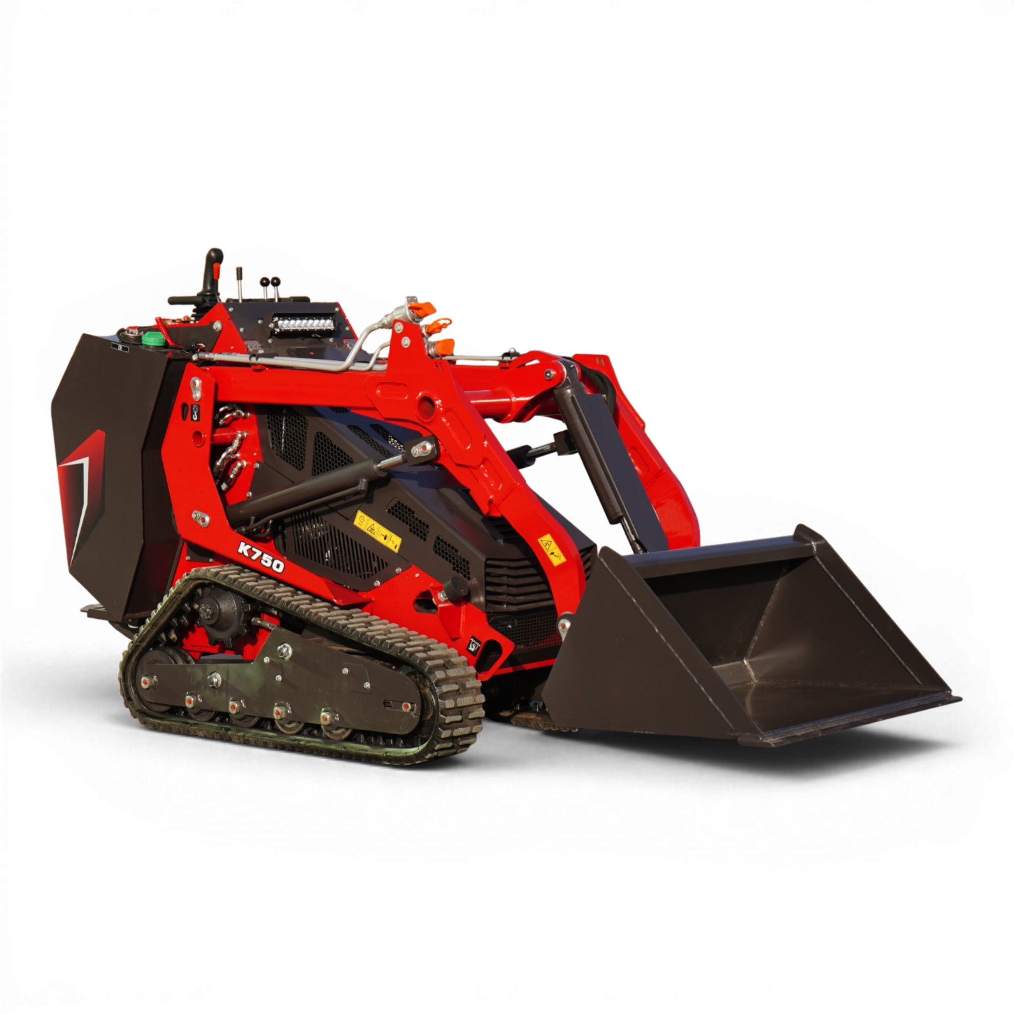Red compact skid-steer loader with a large front bucket and rubber tracks, shown from the side against a dark background.