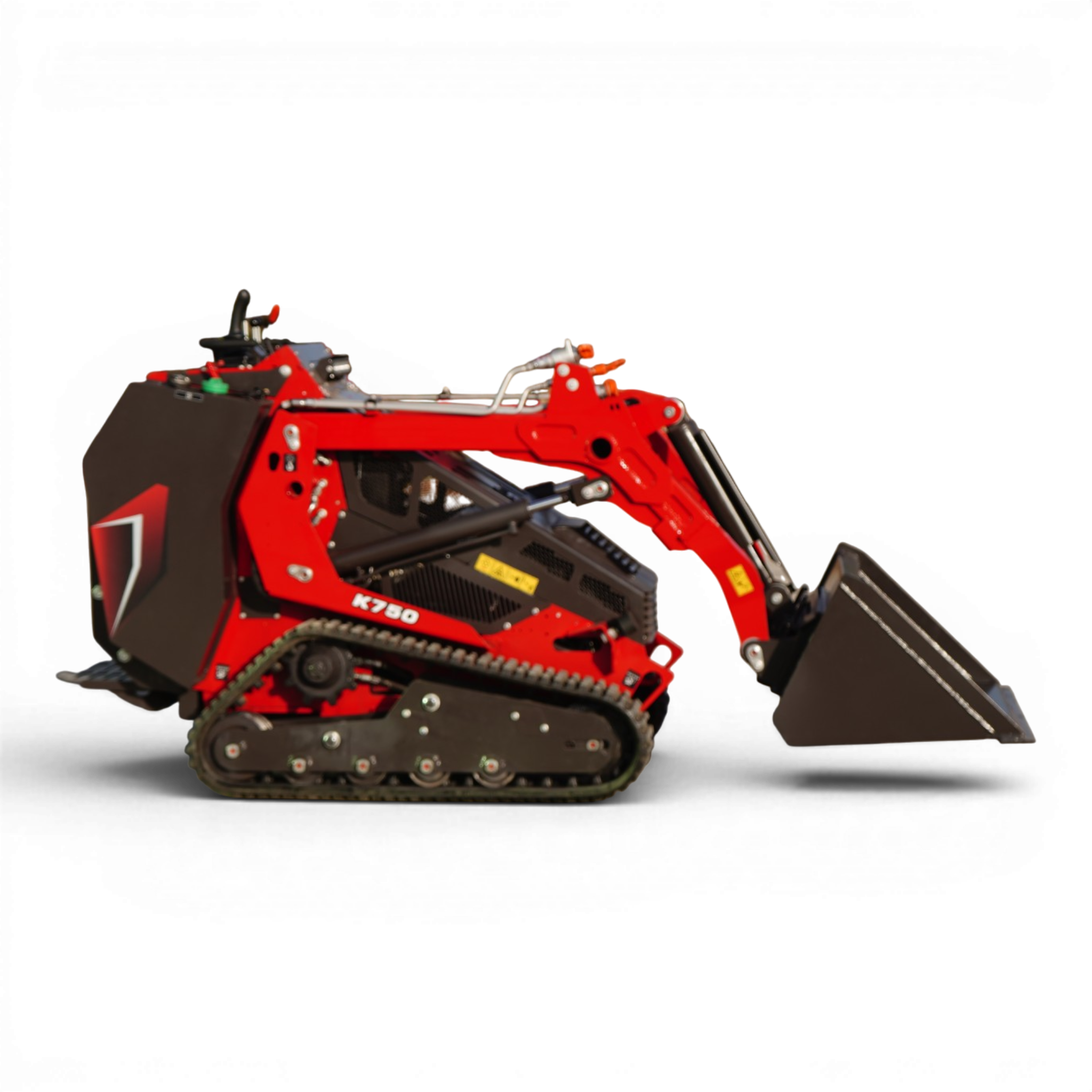 Red compact excavator on tracks, showing its hydraulic arm and black cabin from a side angle.