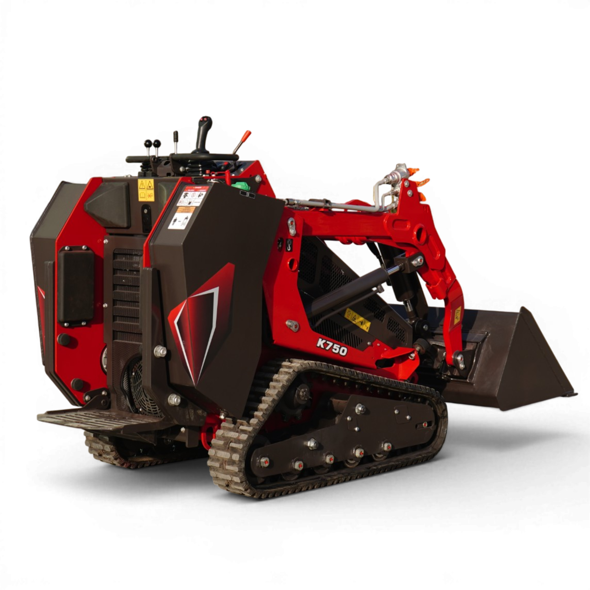 Red heavy construction machine with tracked undercarriage and hydraulic arm labeled K750.