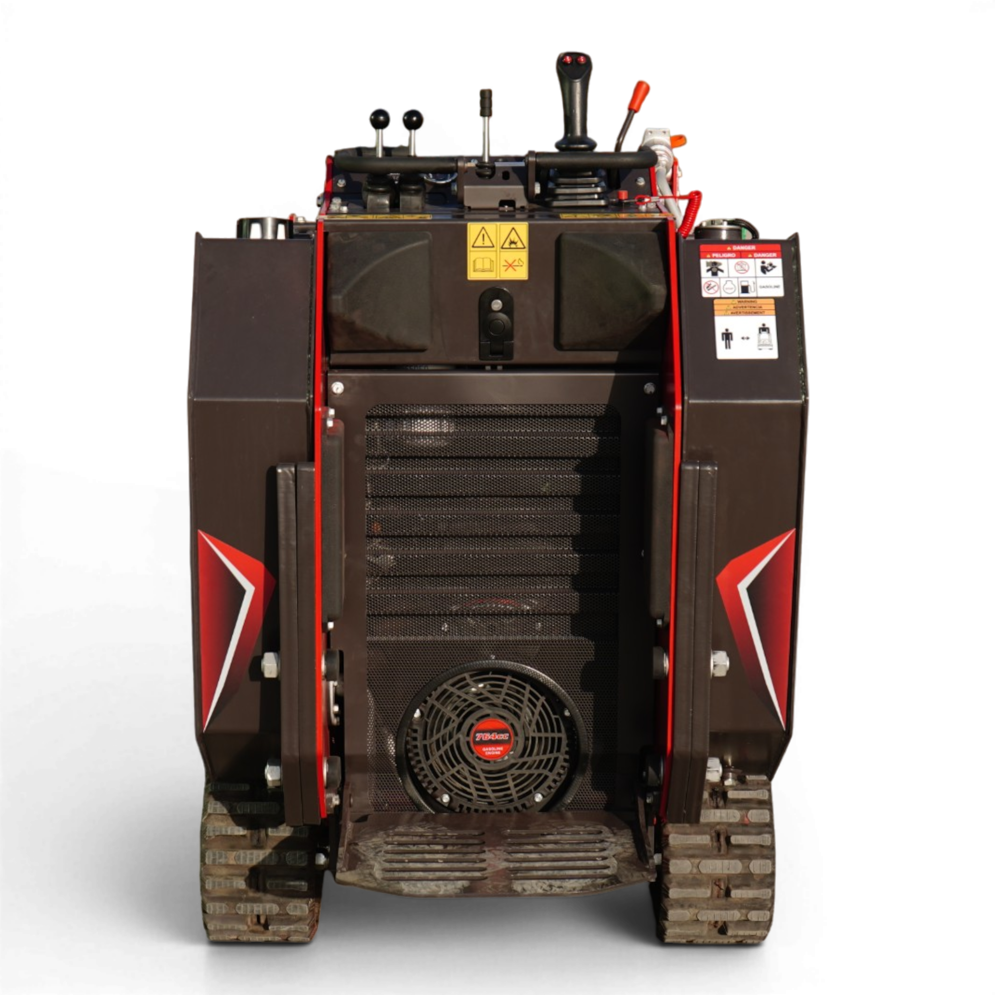 Front view of a heavy machinery cab with control levers, warning labels, and tracked undercarriage; vented grill at the center.