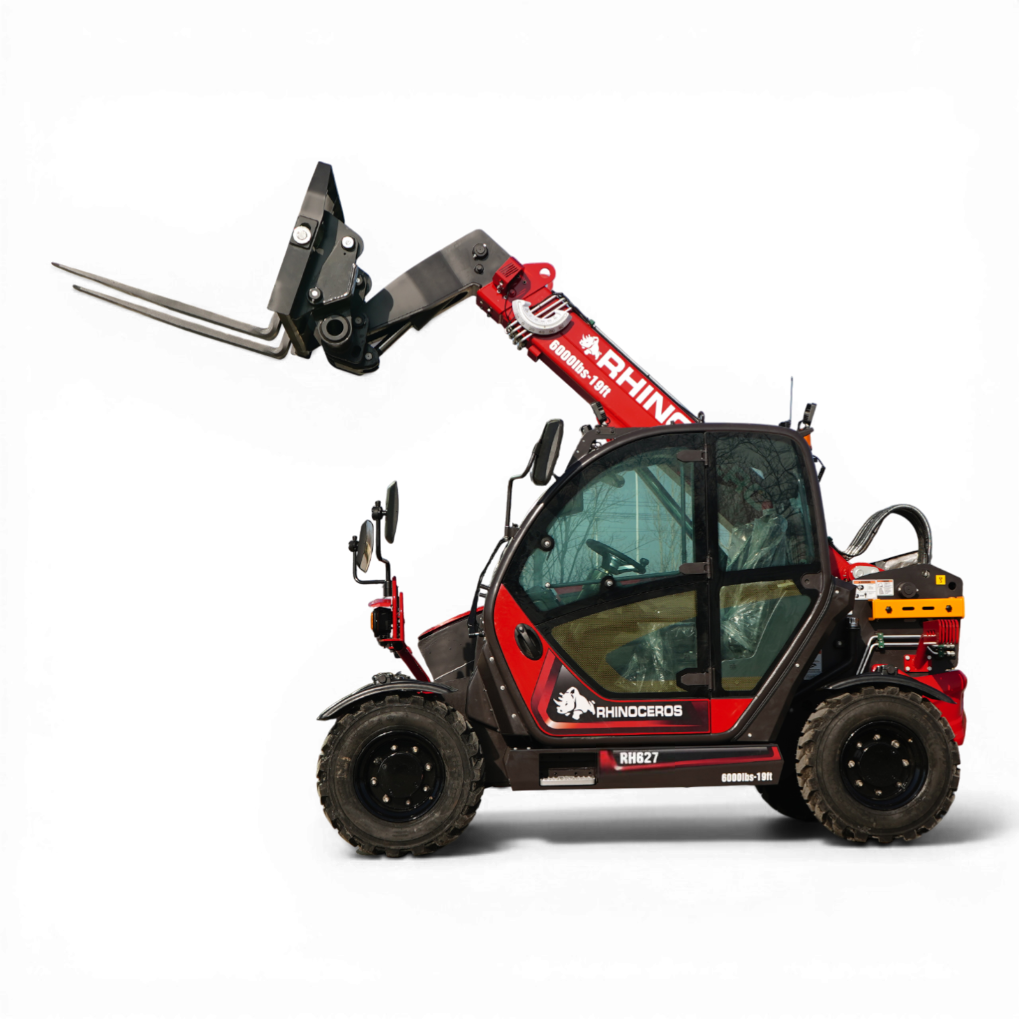 Red hydraulic excavator arm with a black grapple attachment extending over the cabin, labeled 'RHINOCEROS' on the boom.