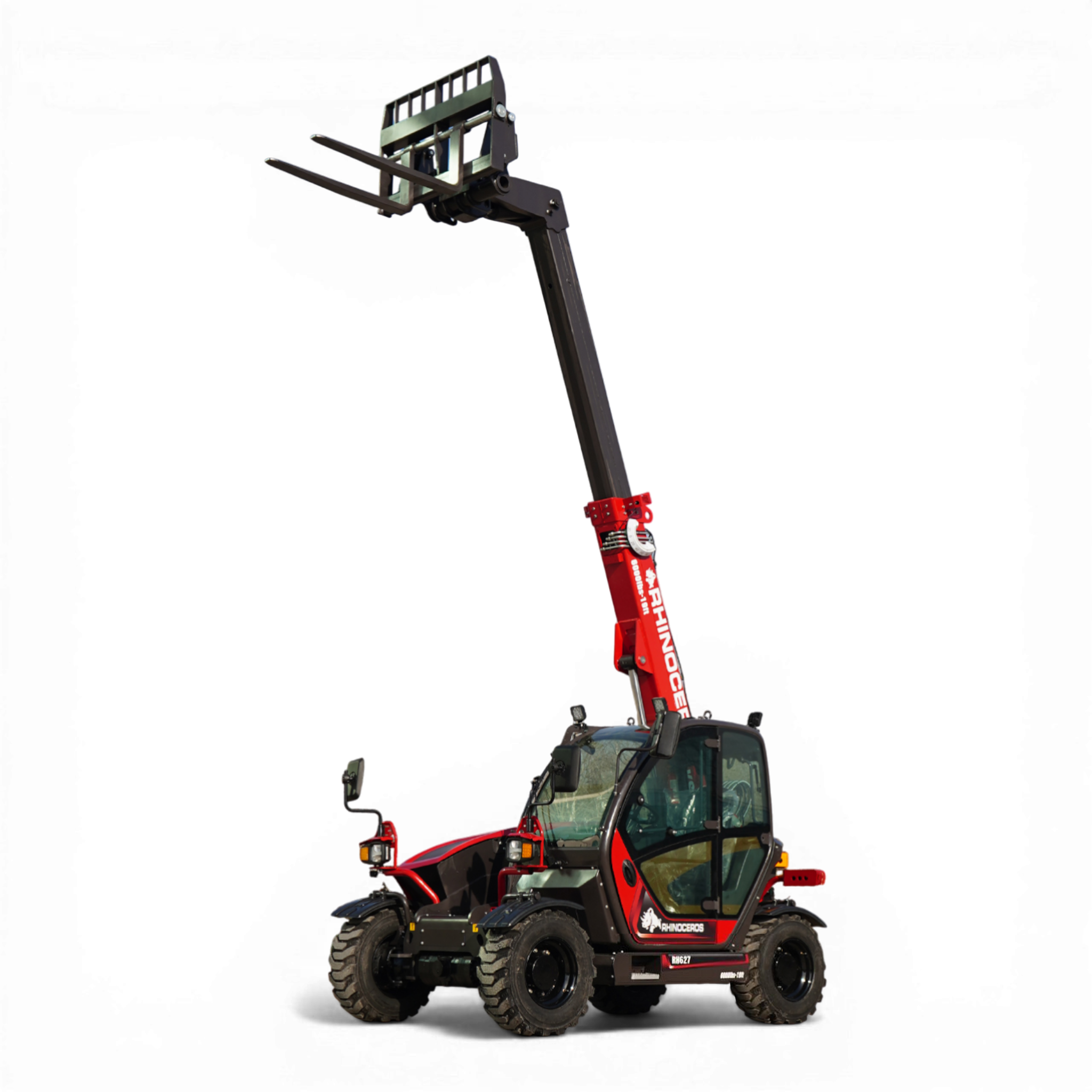Red telehandler with extendable boom and two-pronged forks raised, isolated on a black background.