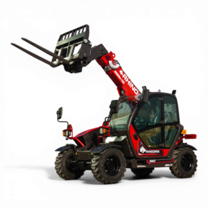 Red hydraulic crane with pallet fork attachment mounted on a vehicle, Rhino brand visible in red