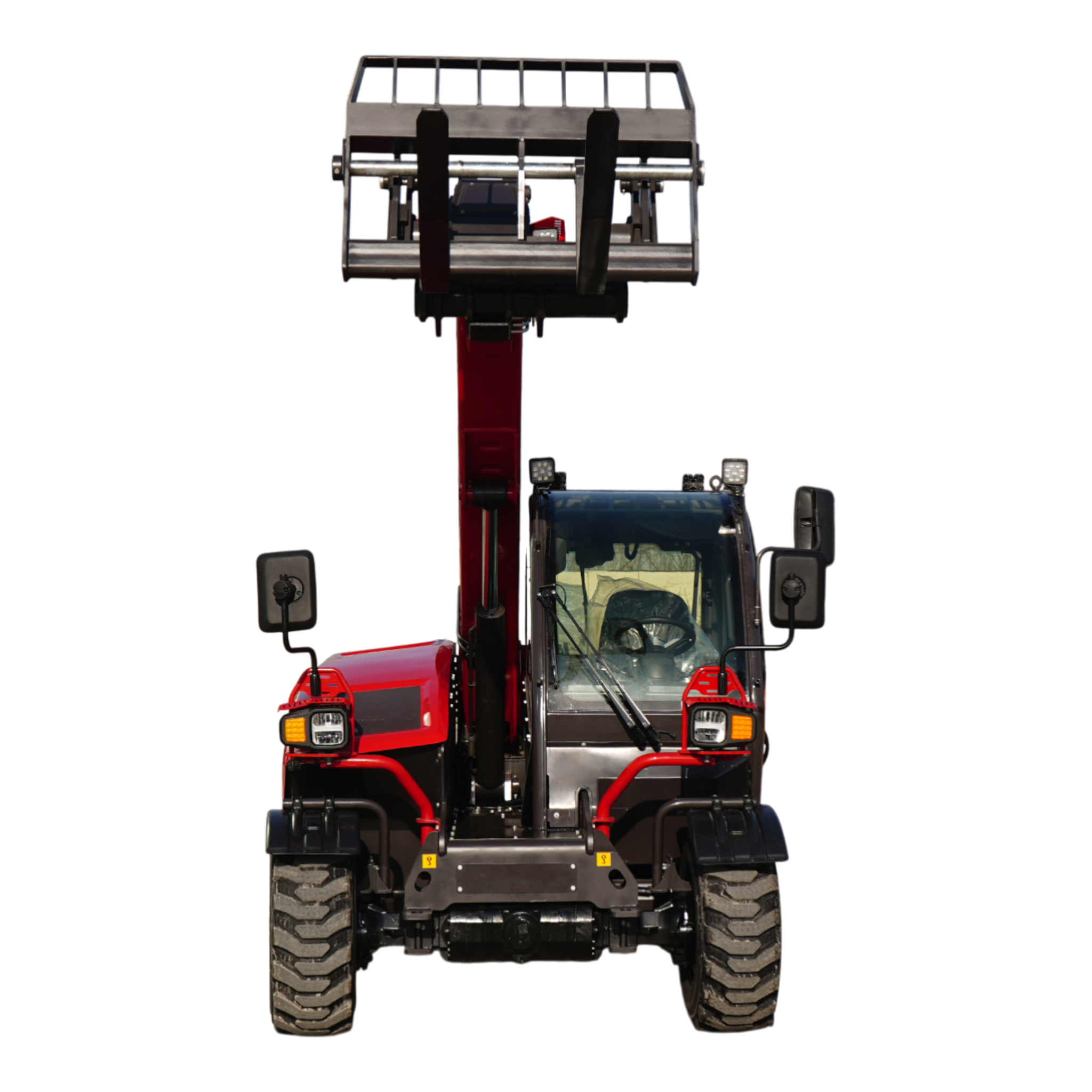 Front view of a red heavy-duty construction crane/boom lift with large off-road tires and protective cabin grille, isolated on black background