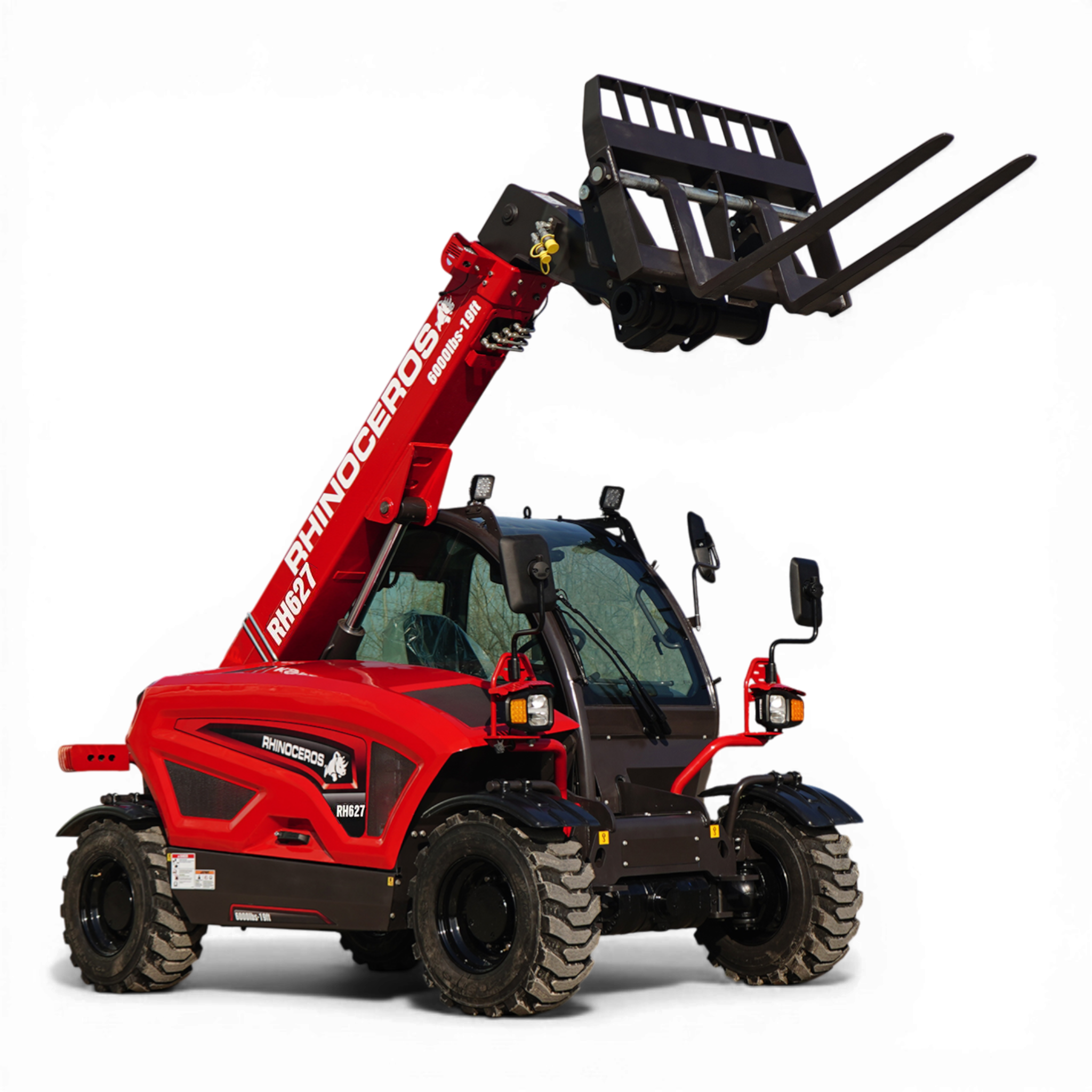 Red heavy-duty forklift arm with black forks raised, attached to a truck cab, Rhinoceros branding visible on the arm