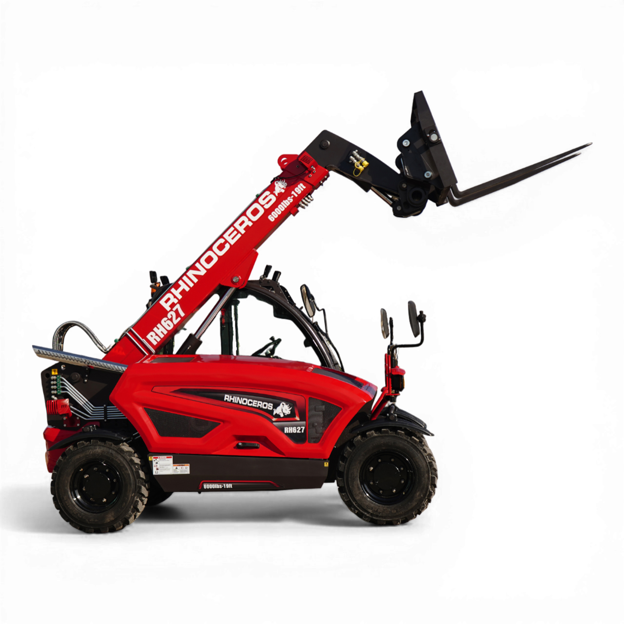 Red hydraulic crane arm labeled RHINOCEROS with a black pallet fork attachment extending to the right, tires visible below.