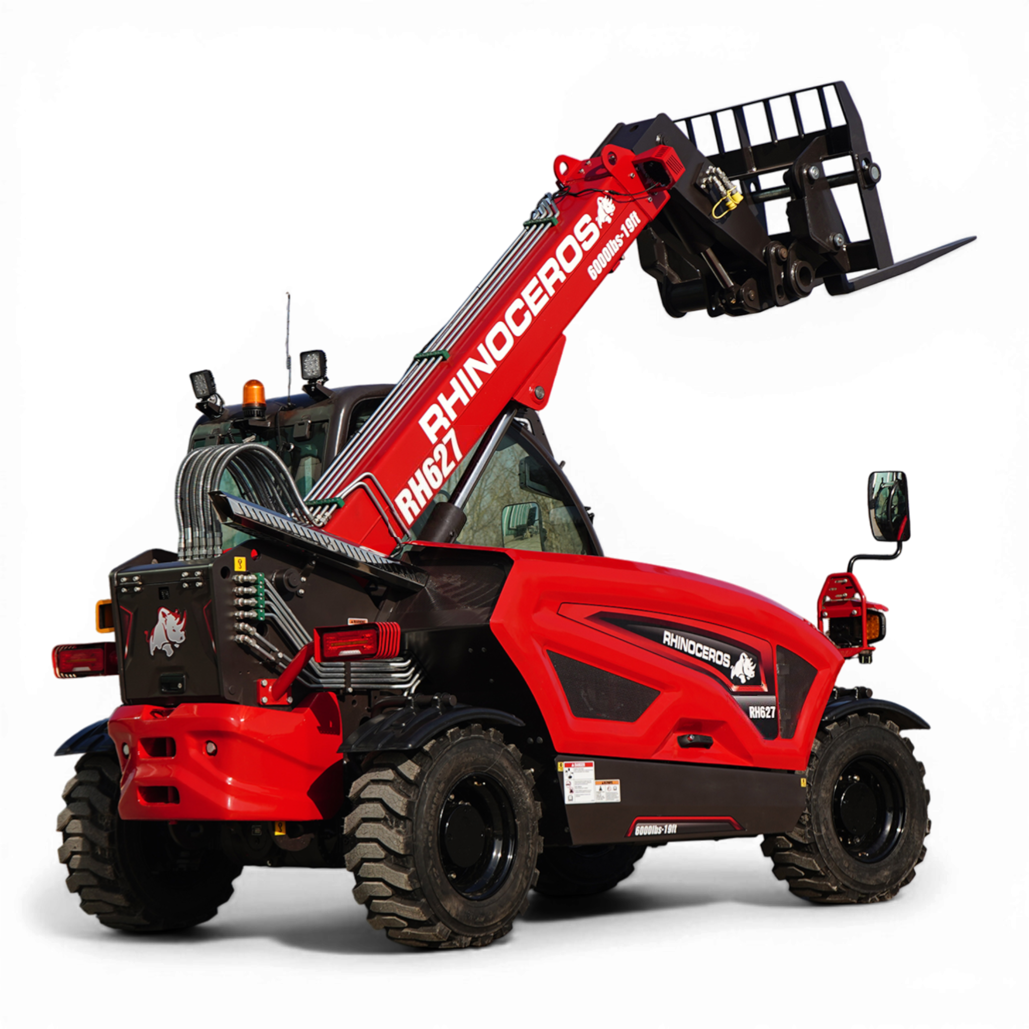 Red heavy-duty excavator arm with hydraulic claw extending over a black body, branded with RHINOCEROS lettering and rugged tires visible below