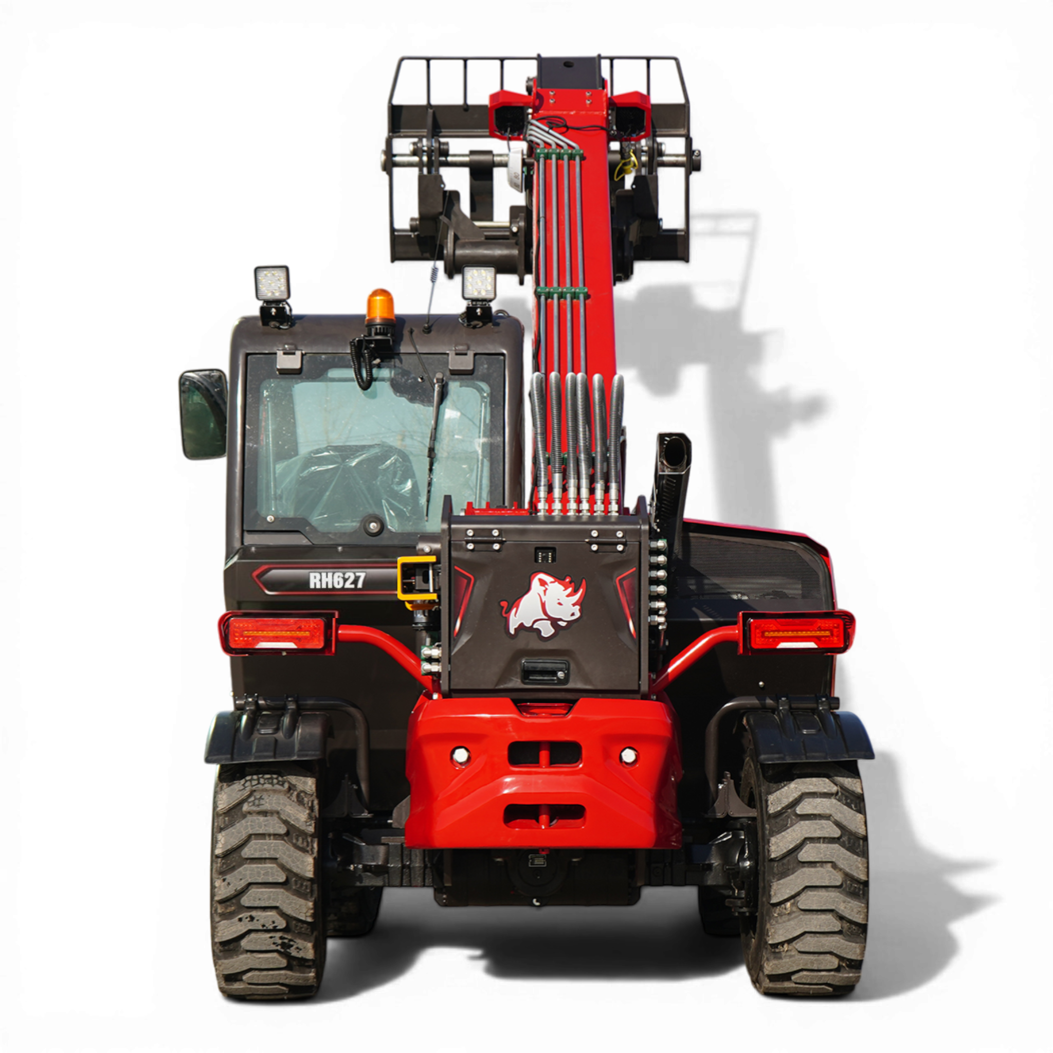 Front view of a red heavy-duty telehandler with large off-road tires, headlights, and an extended hydraulic arm with hoses and a warning beacon on top left. Logo of a white horse on the rear panel.