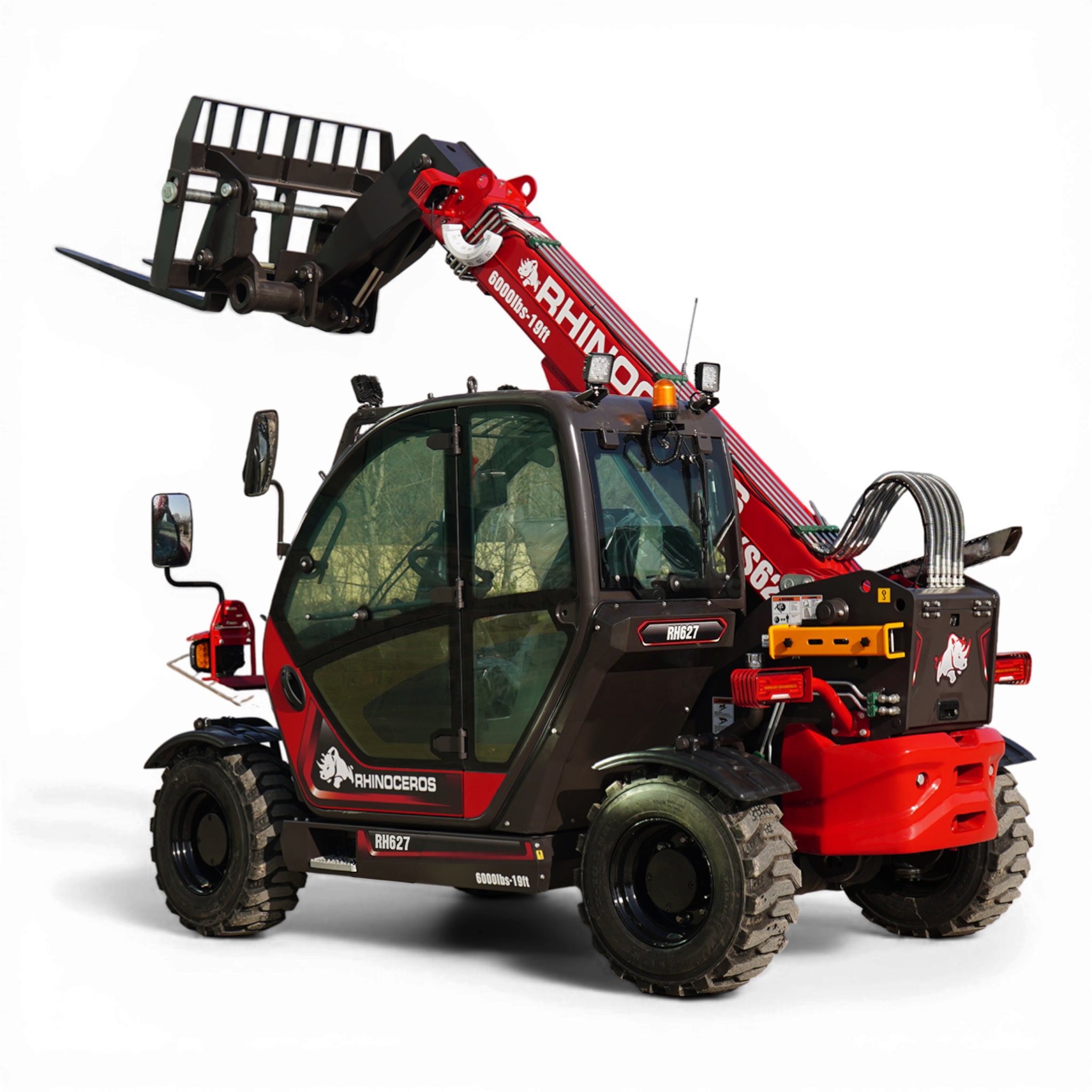 Red crane arm extending over a black-and-red construction vehicle, with Rhinoceros branding on the boom and visible cabin windows.