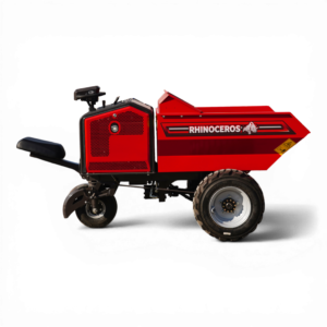 Red skid-steer loader viewed from the front-right, featuring a red body, black grille, and prominent tire treads (RhinoCoRos branding).