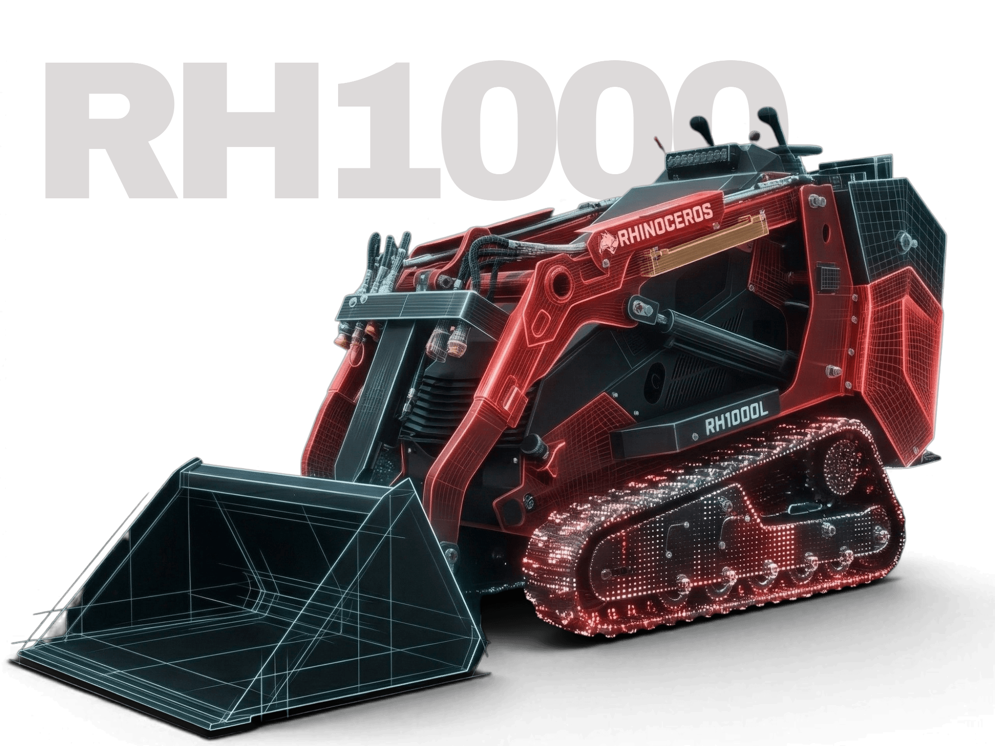 Red robotic excavator with tracks and a large transparent bucket, labeled RH1000, set against a black backdrop.