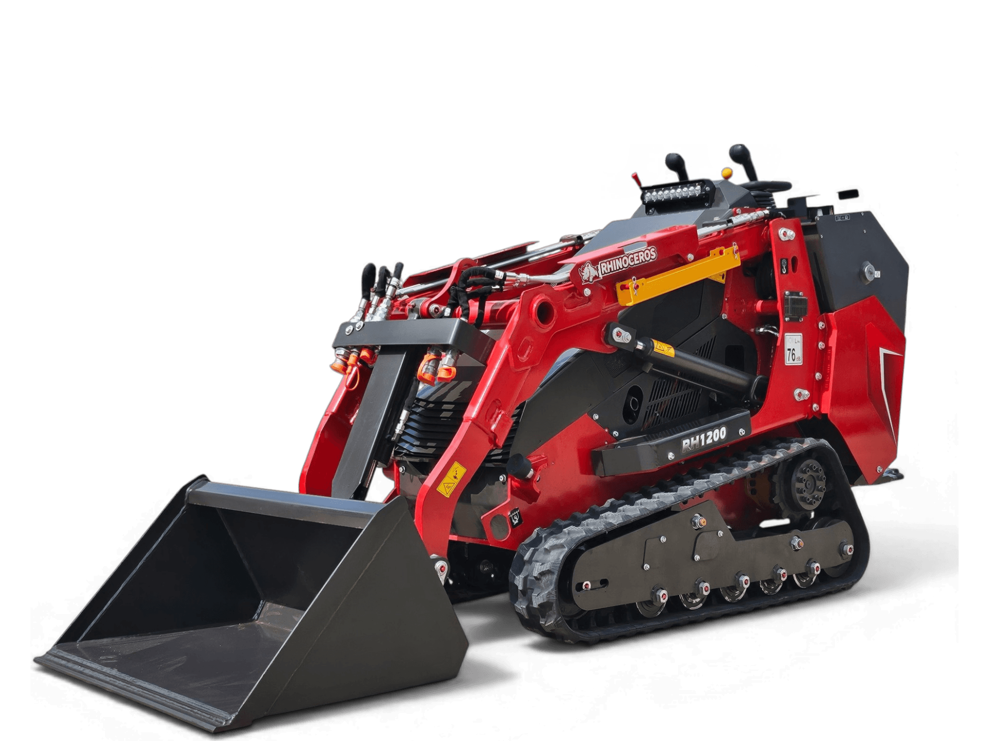 RH1200 tracked loader with a front bucket on a black background