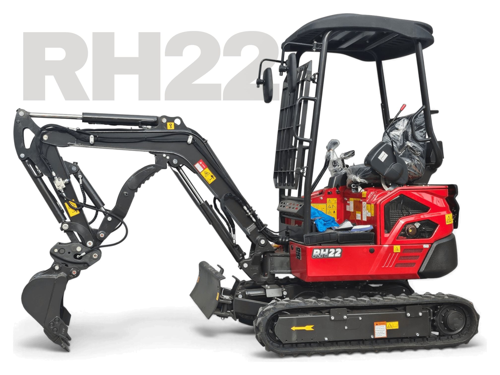 Red RH22 mini excavator with tracked undercarriage and extended arm on a black background.