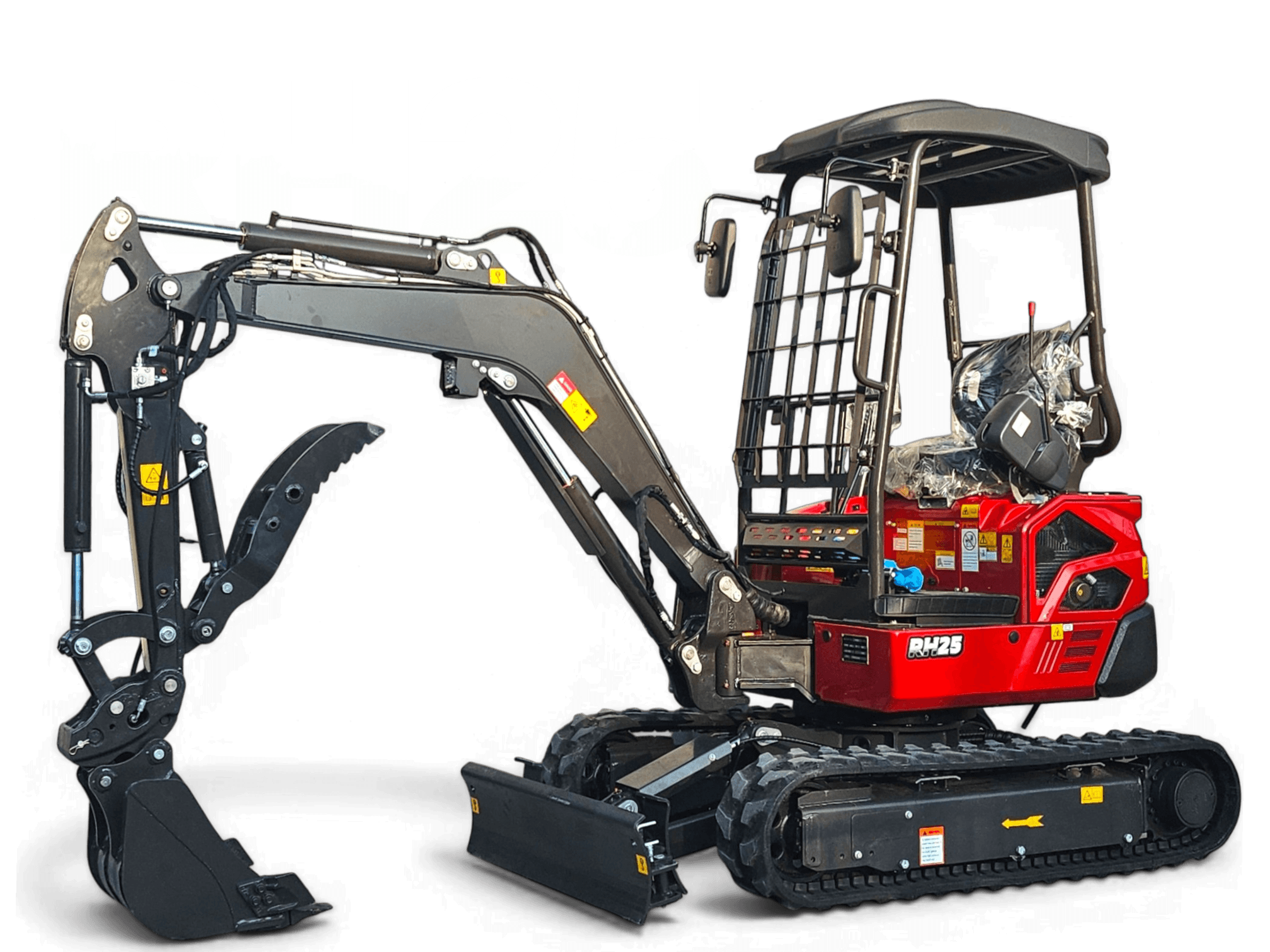 Red and black mini excavator with a long arm and tracked base, RH25 branding visible against a black background.