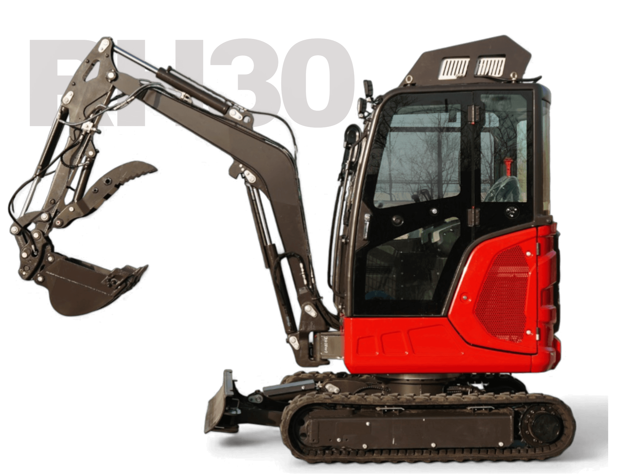 Red and black compact excavator with a long digging arm and bucket on a black background; large white 'R30' text overlays the image.