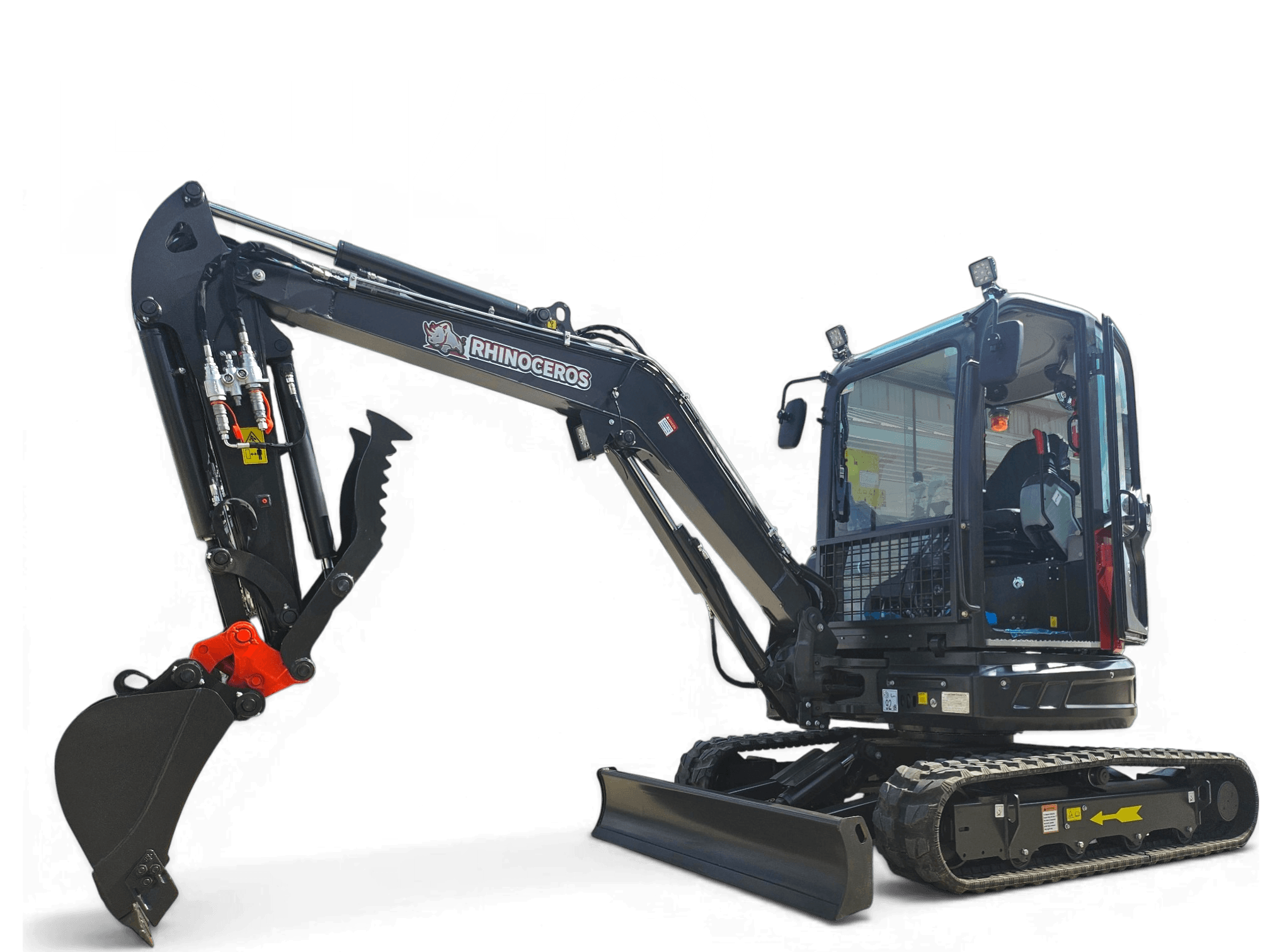 Large white 'RH40' text on black background with a Rhinoceros-brand hydraulic excavator showing its arm, cab, and track.