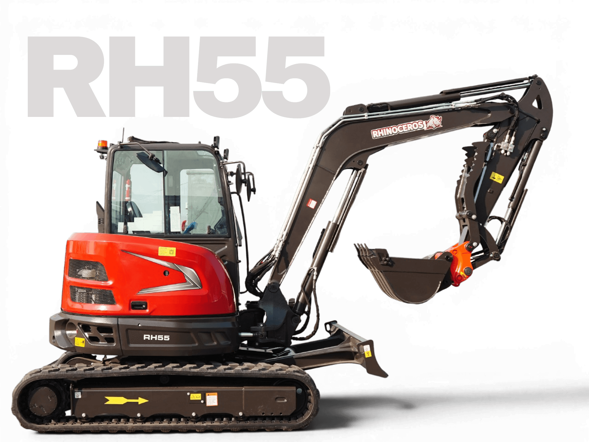 Red and black RH555 compact excavator on tracks with a long hydraulic arm and bucket against a black background.