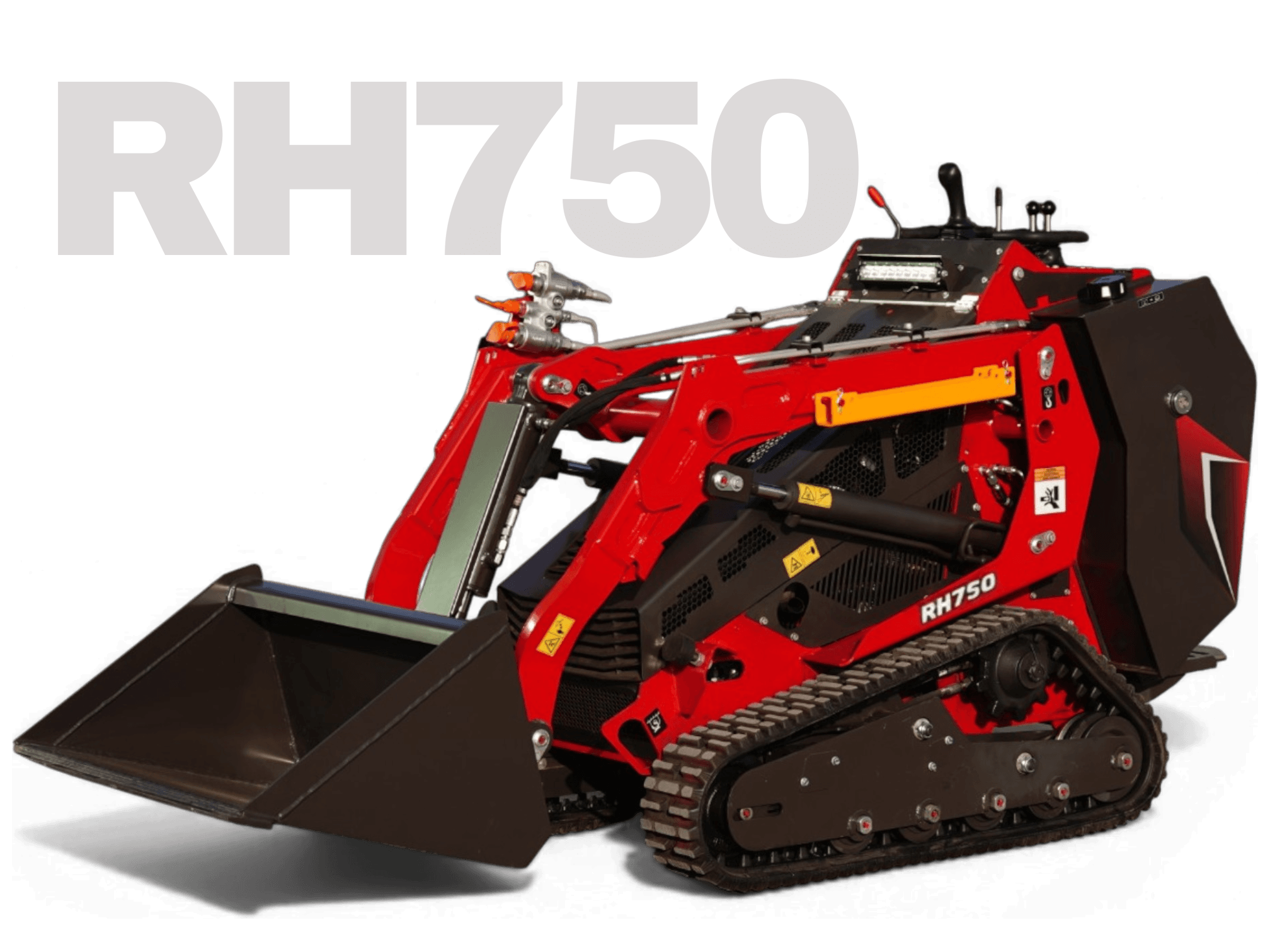 Red RH750 compact crawler loader with a front bucket attachment on a black background