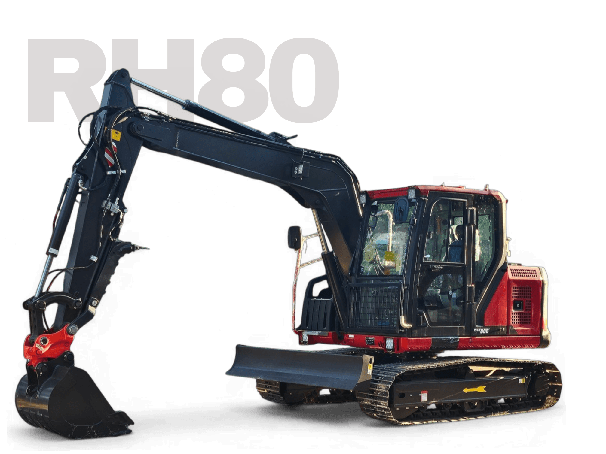 Hydraulic excavator RM80 on a black background with a raised arm and red body labeled RM80 in large letters behind it