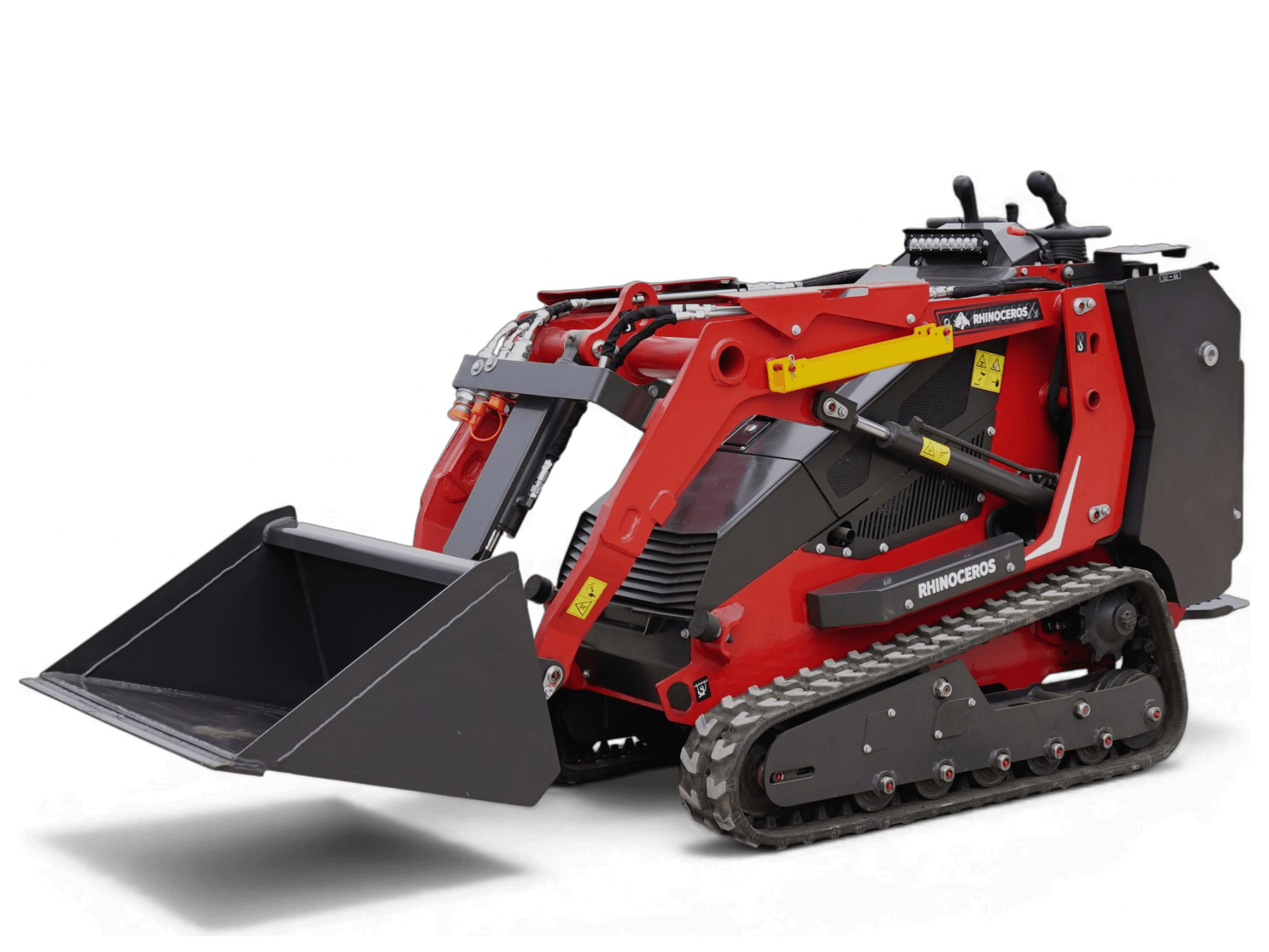 Red tracked construction machine with a large front bucket, labeled RH925, shown on a black background