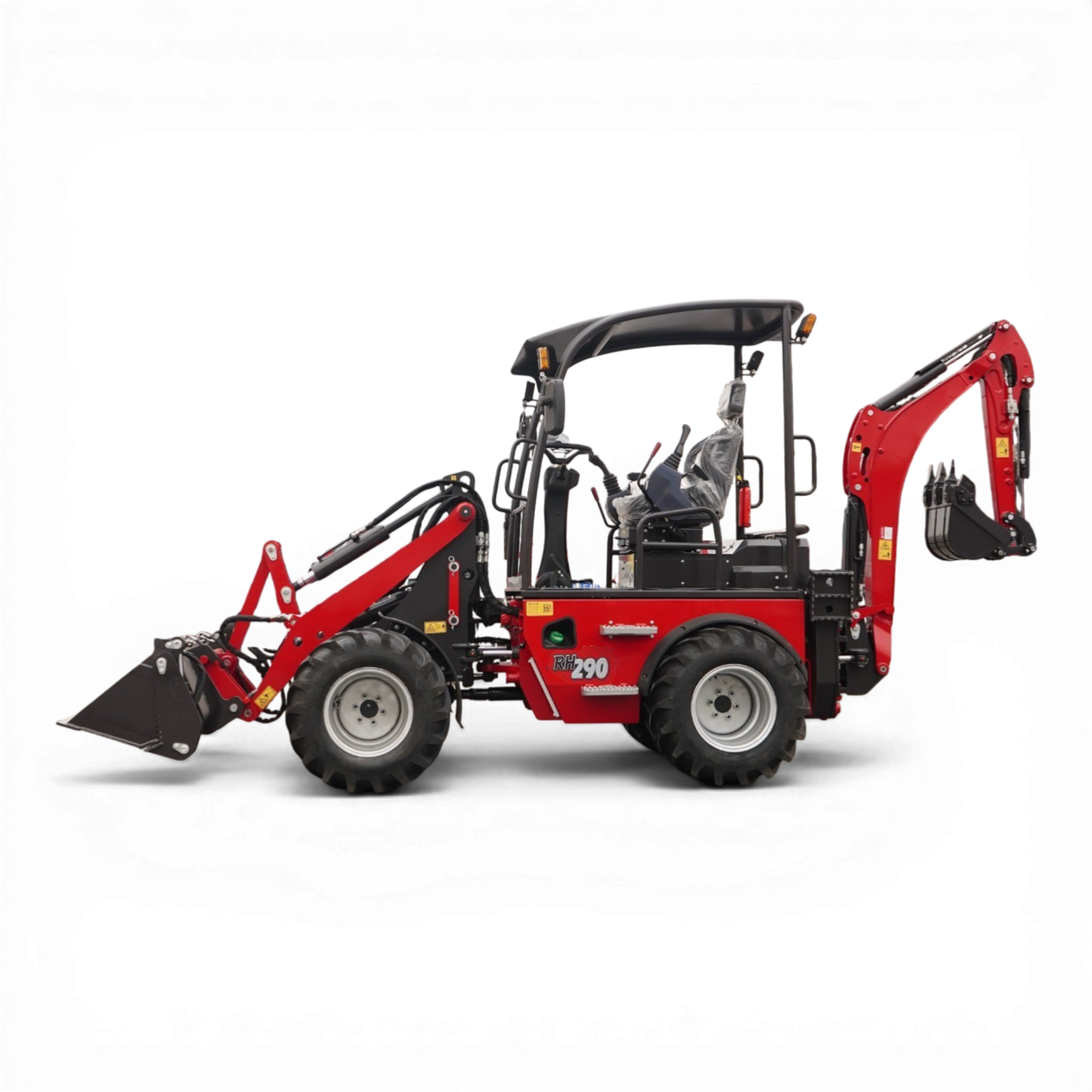 Red compact excavator with hydraulic arm and front bucket against a black background.