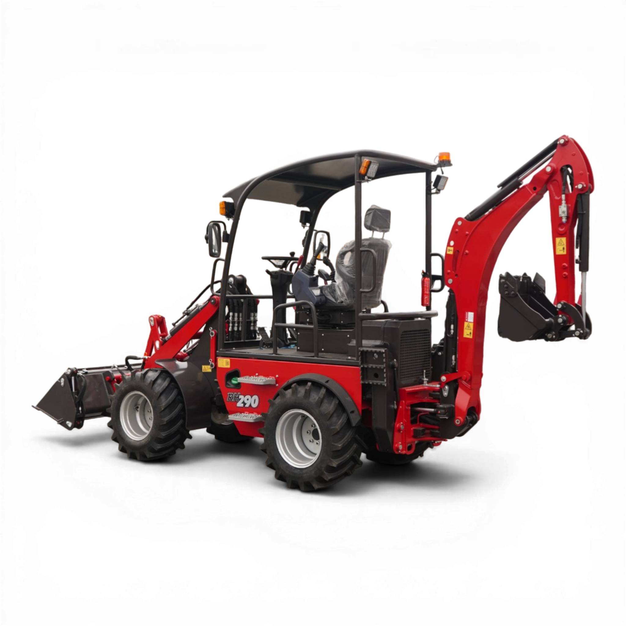Red hydraulic excavator with a large front bucket, visible black operator cabin, and extended red boom on the right side.
