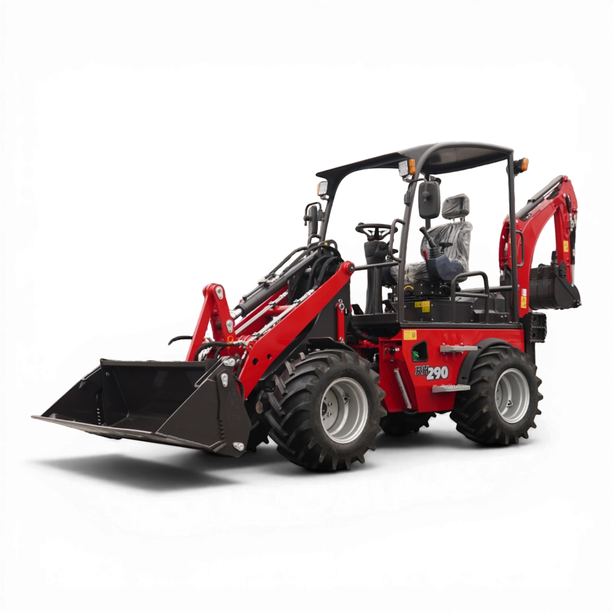 Red tractor with a front-loading black bucket and large tires in view.