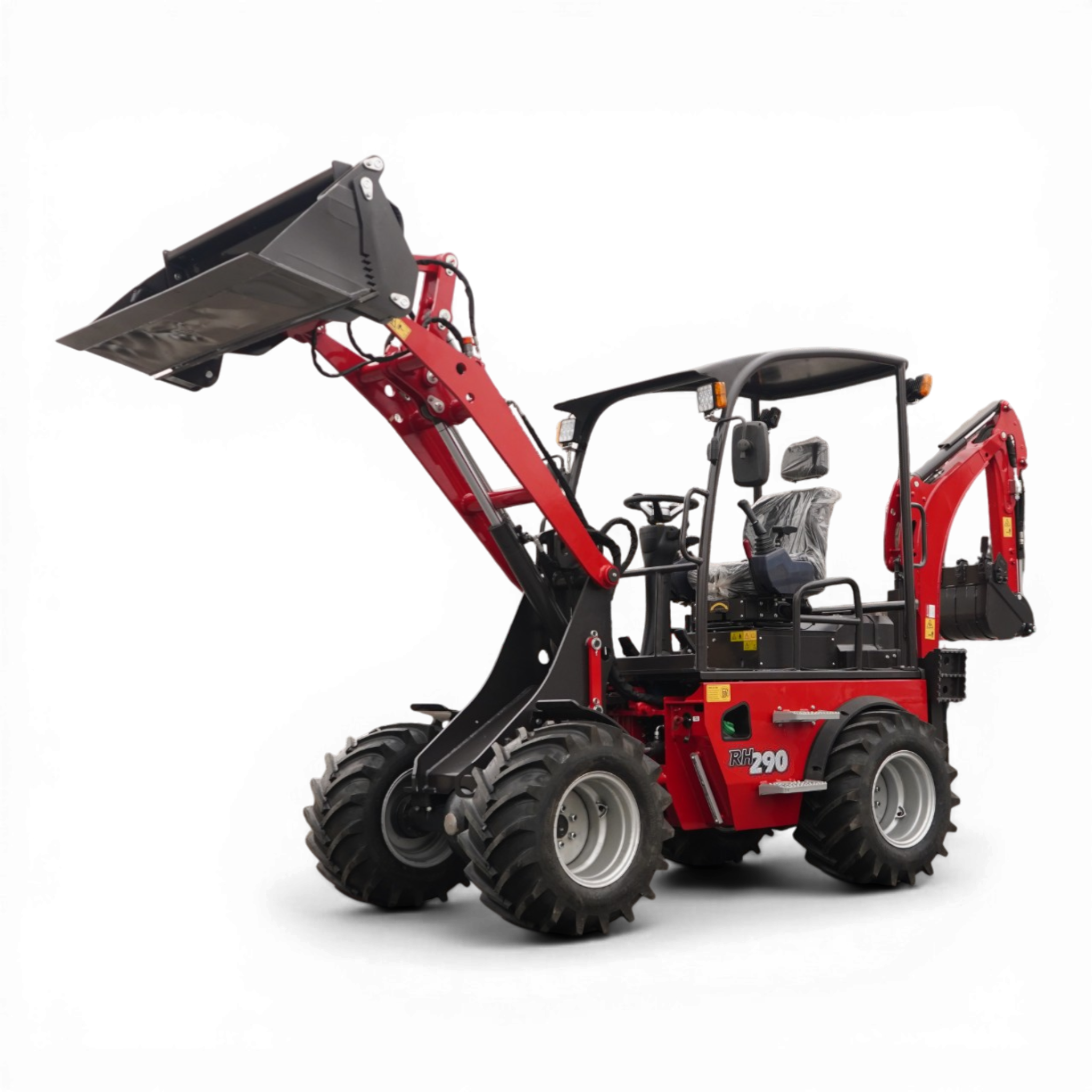 Red and black agricultural tractor with a raised front-loader bucket ready to scoop material