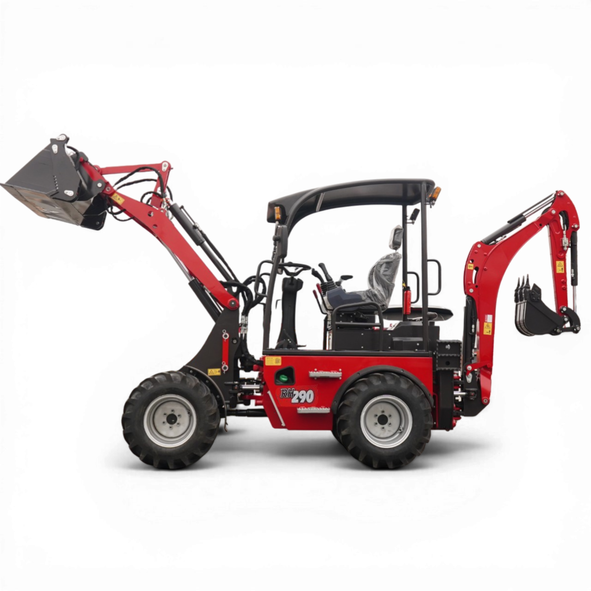 Red backhoe loader with front bucket and enclosed cab, visible hydraulic arms and tires on a black background.