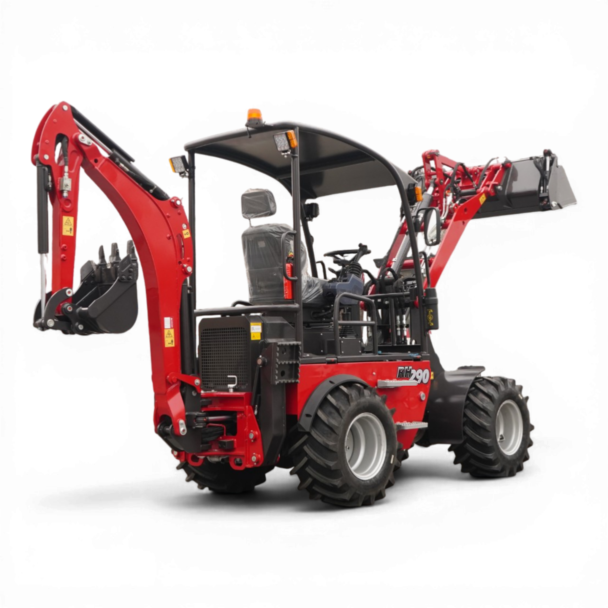 Red front-loader hydraulic machine with a large bucket and rugged tires, shown from the side.