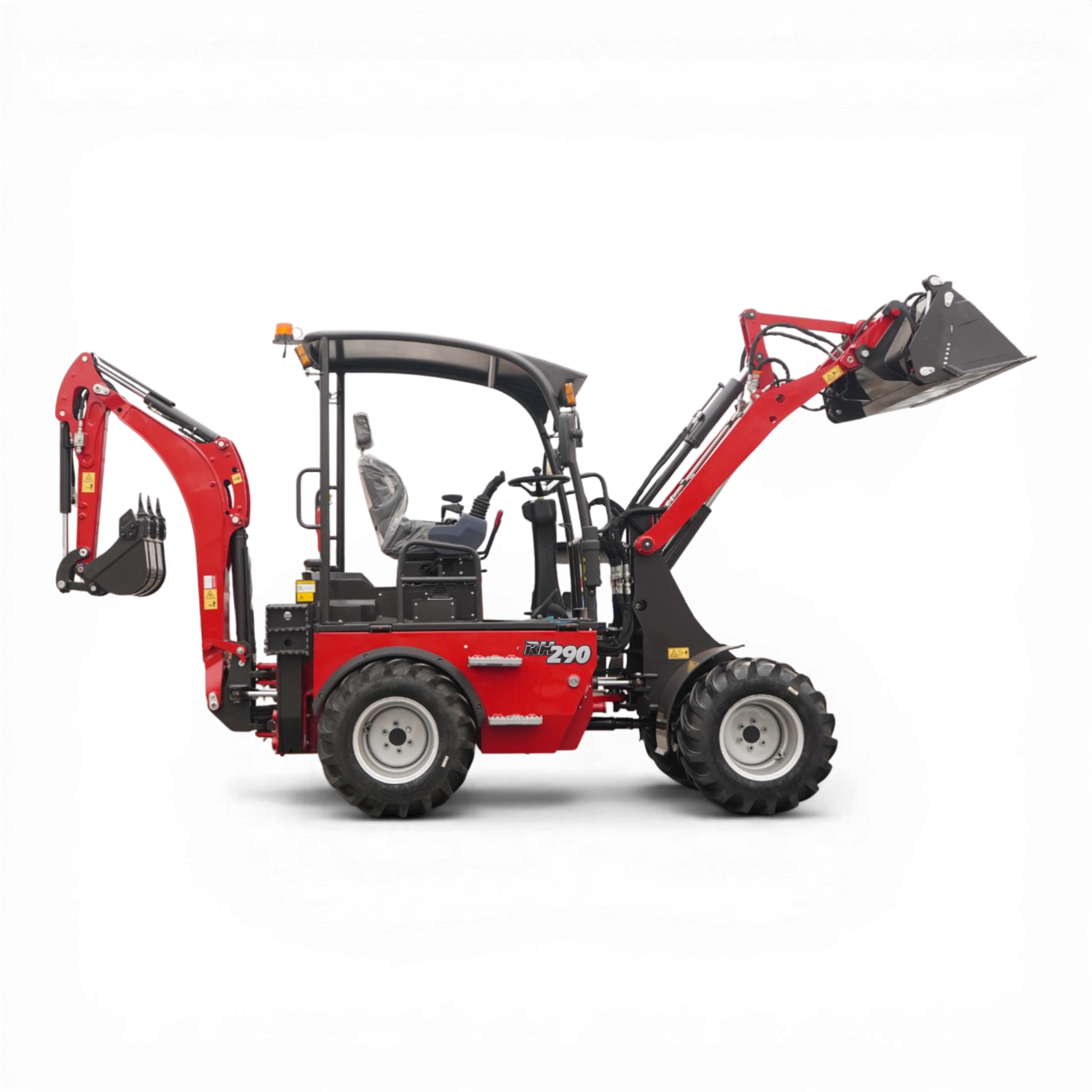 Red compact backhoe loader with a large front bucket and operating cabin visible, against a black background