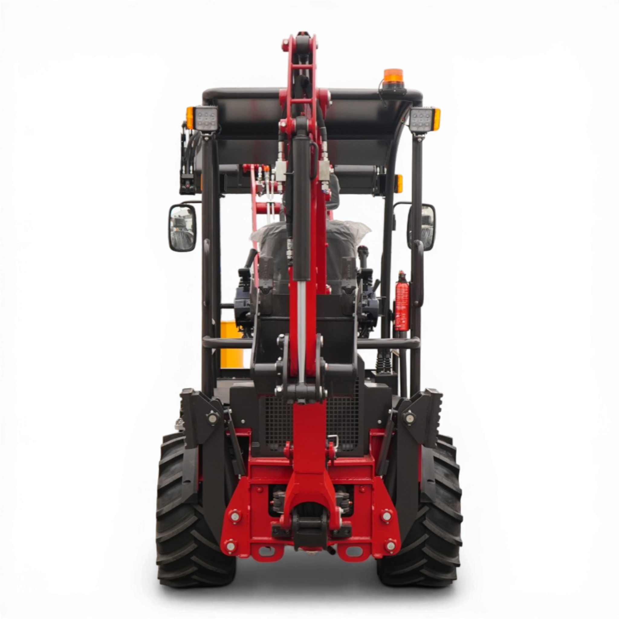Front view of a red hydraulic implement attached to a large wheeled tractor with black frame and big tires in the foreground.
