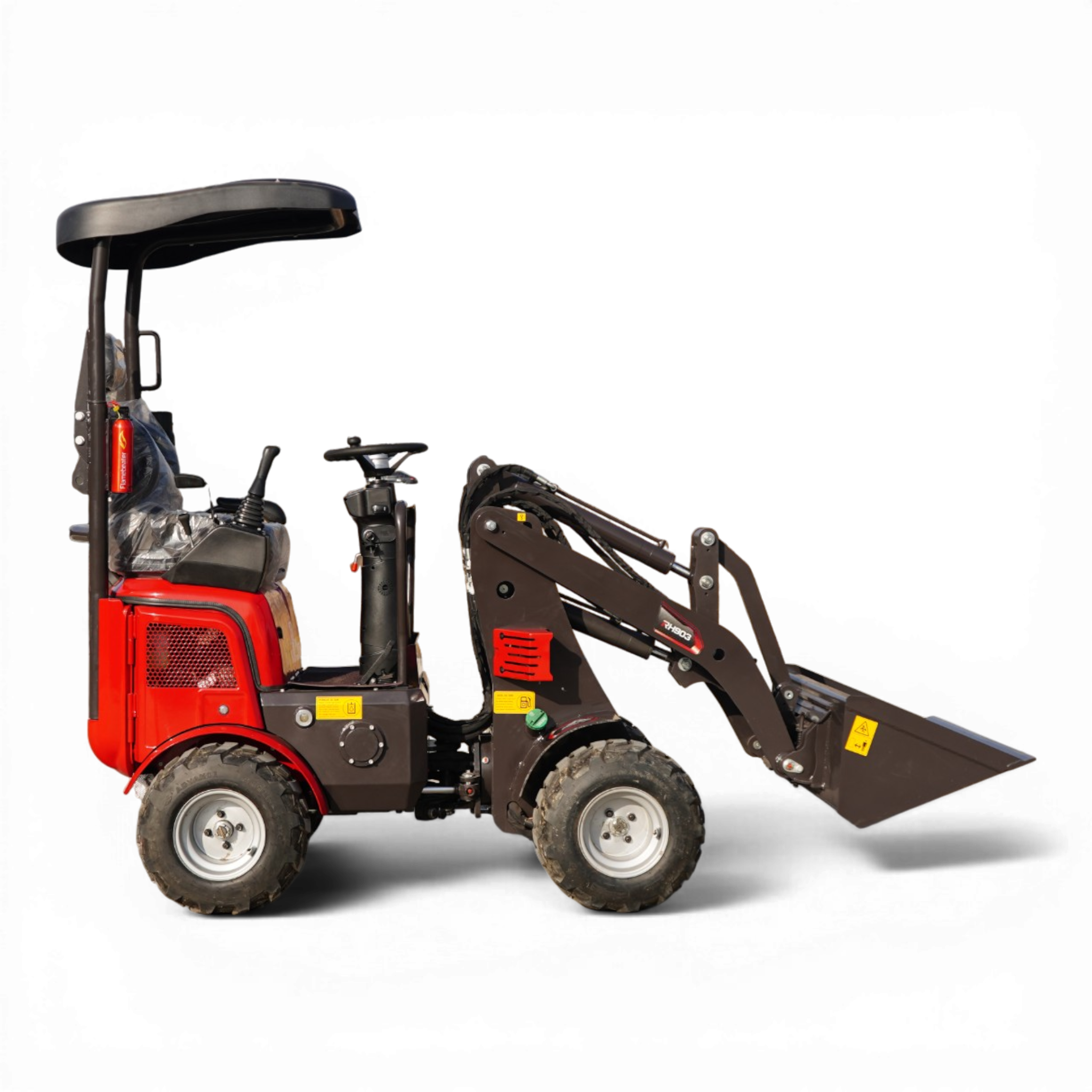 Red compact wheel loader with a black lifting arm and bucket, four rugged tires visible.