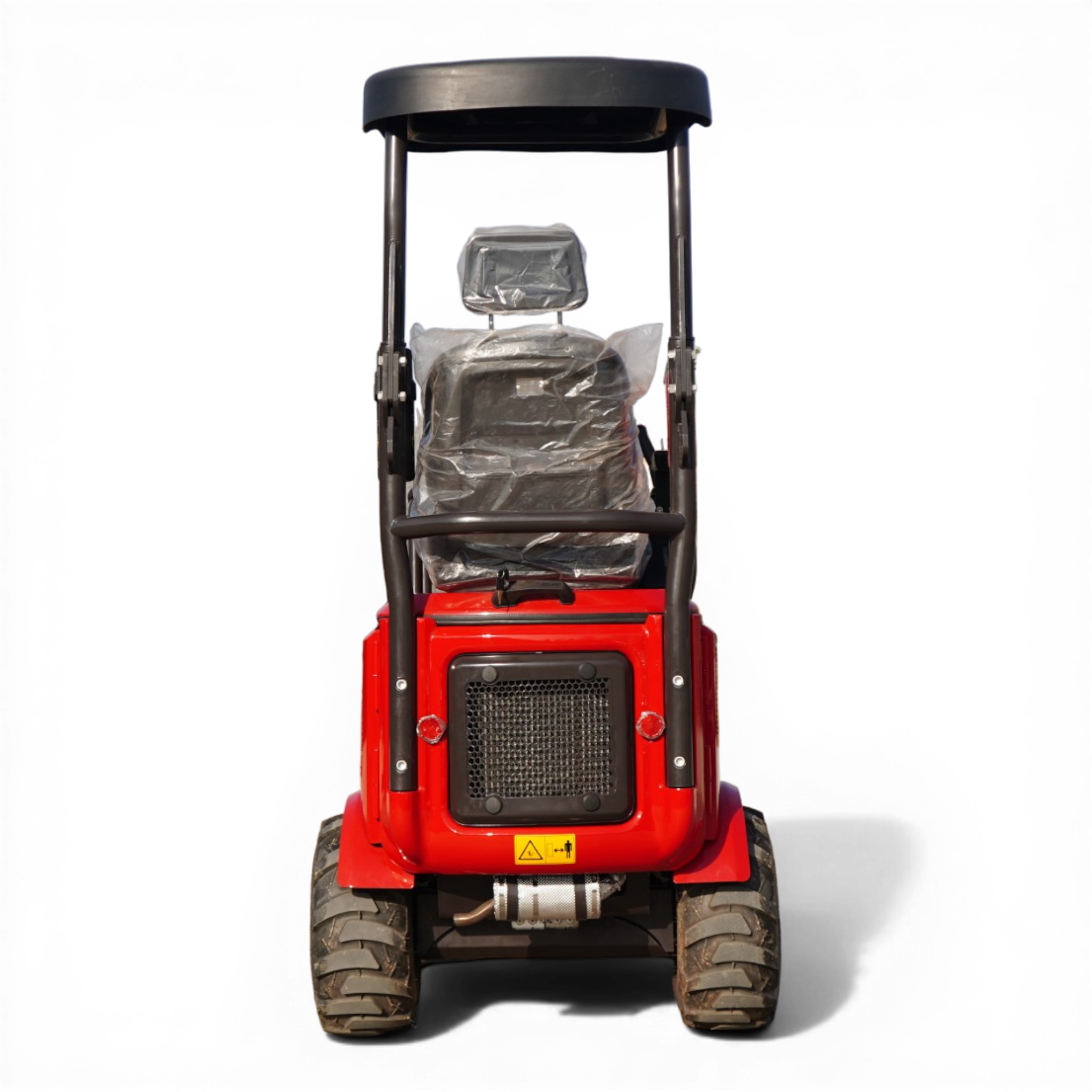 Front view of a red forklift with wrapped seat and protective overhead guard against a black background.