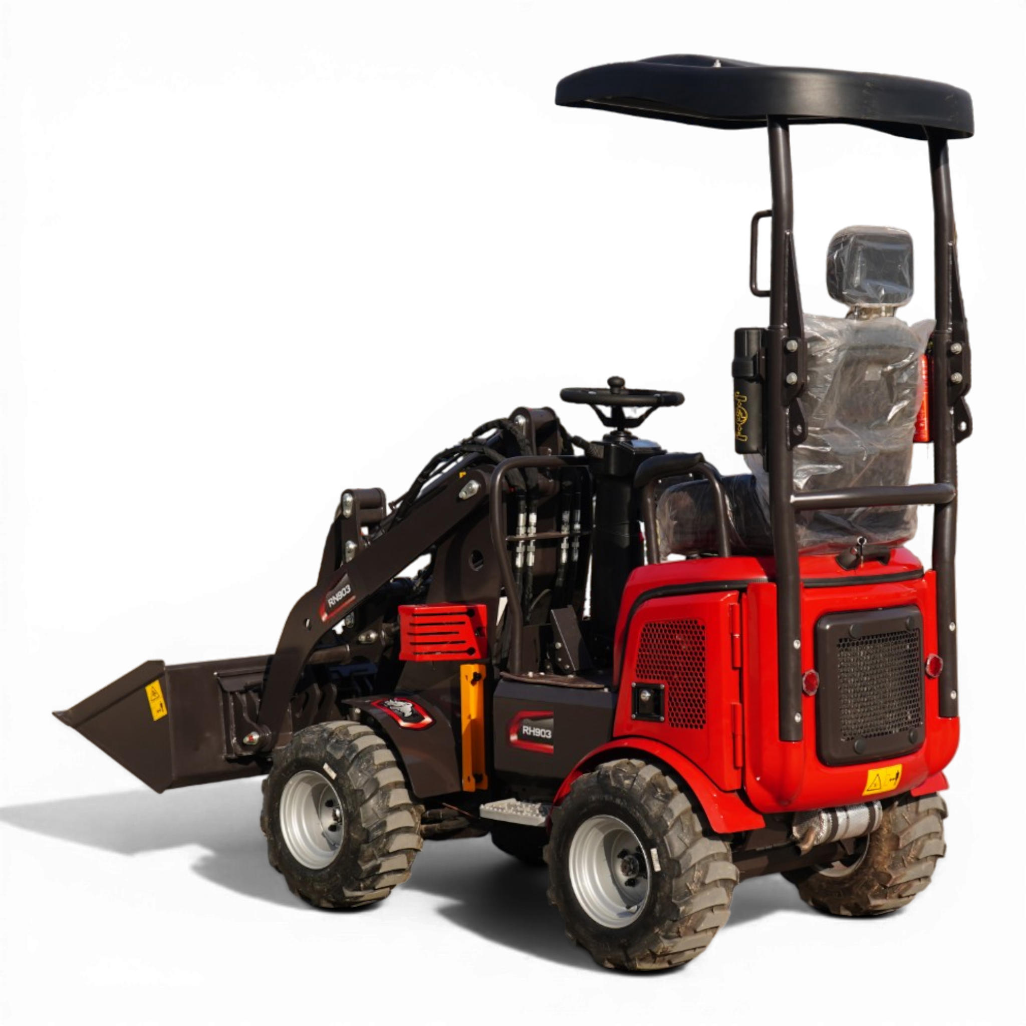 Red tractor with a large front loader, rugged tires, and a black canopy structure.
