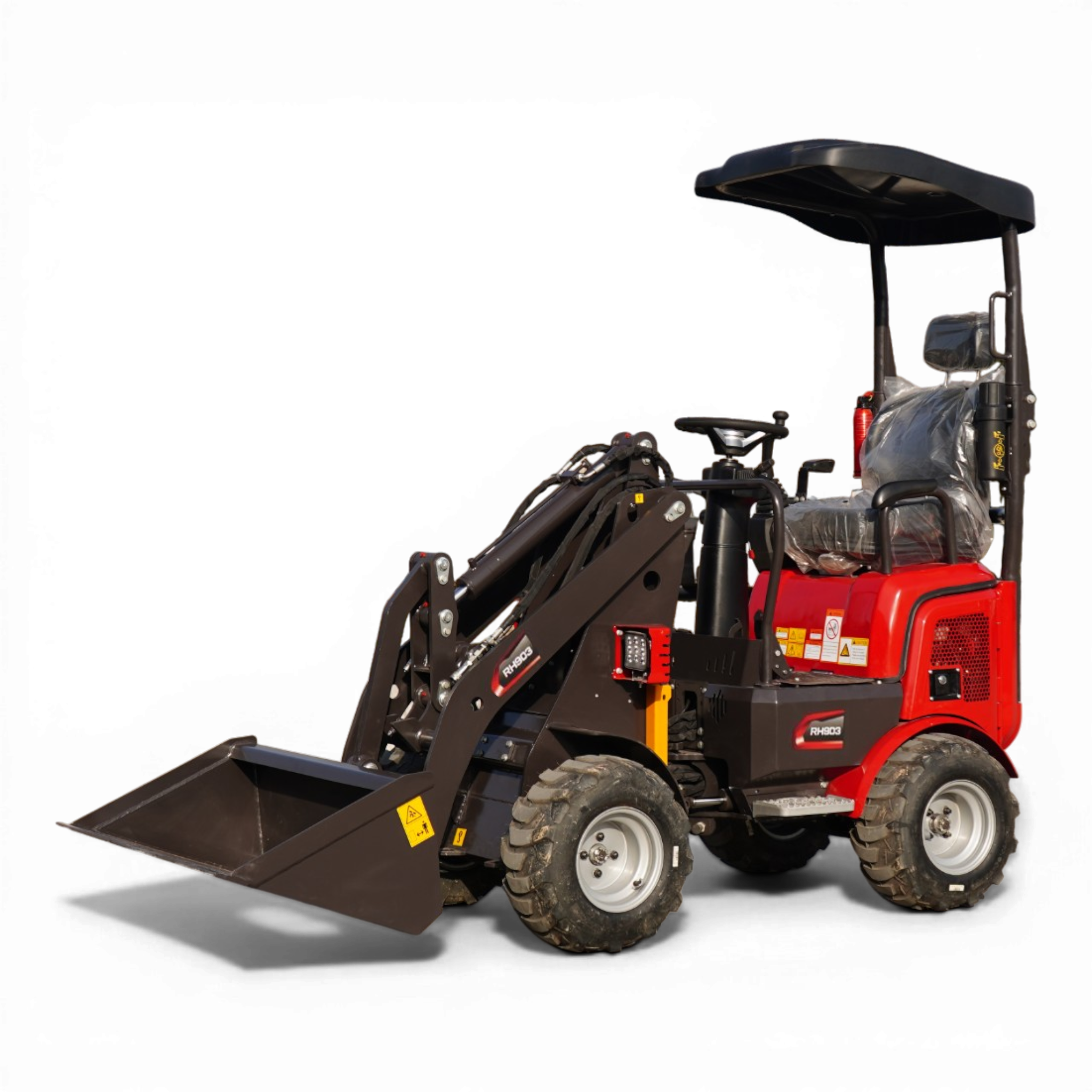 Red construction front loader with a large black digging bucket and exposed hydraulic arms on a dark background.